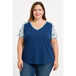 Ink & Ivy XL Blue Boho Tee Shirt Floral Shoulder Trim Stretch Top NWT